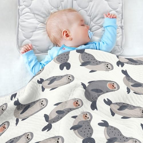 Image of Cute Fur Seal Baby Swaddle Blanket for Boys and Girls, Muslin Baby Receiving Swaddle Blanket, Soft Cotton Nursery Swaddling Blankets for Newborn Toddler Infant