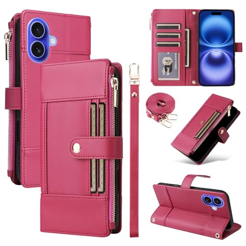 Housse iPhone 17 cuir rouge avec emplacements pour cartes et fermeture éclair
