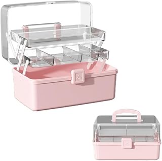 12.9in Three-Layer Multipurpose Storage Box with Handle Portable Tackle Box Folding Art & Craft Case Sewing Supplies Organizer for Makeup, Medicine, Nail, Hair Accessories (Pink)