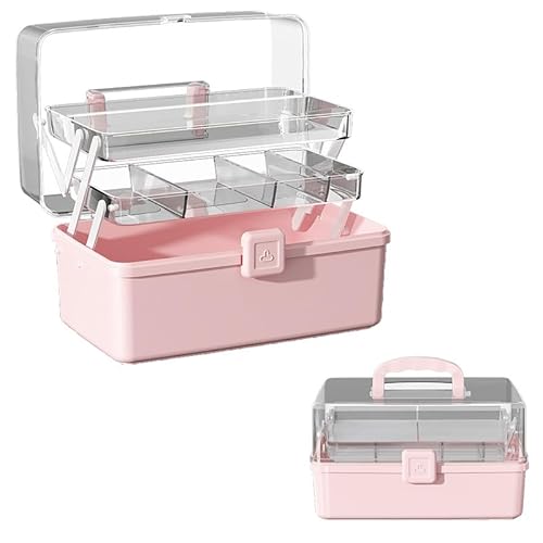 Rainfordhoma 12.9in Three-Layer Multipurpose Storage Box with Handle Portable Tackle Box Folding Art & Craft Case Sewing Supplies Organizer for Makeup, Medicine, Nail, Hair Accessories (Pink)
