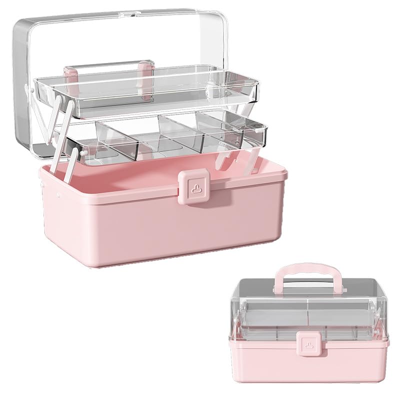 Rainfordhoma 12.9in Three-Layer Multipurpose Storage Box with Handle Portable Tackle Box Folding Art & Craft Case Sewing Supplies Organizer for Makeup