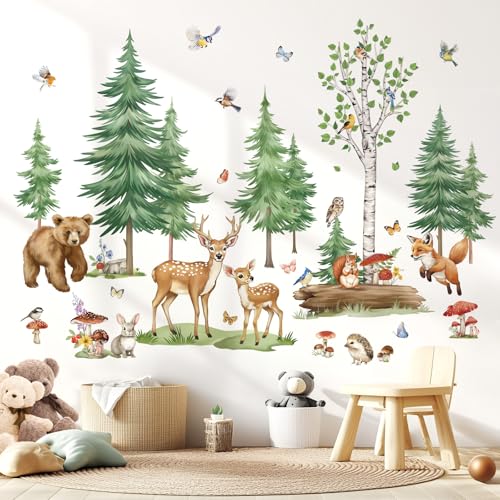 wondever Stickers Muraux Grand Pin Arbre Foret Animaux Autocollants Muraux Mural Stickers Bouleau...