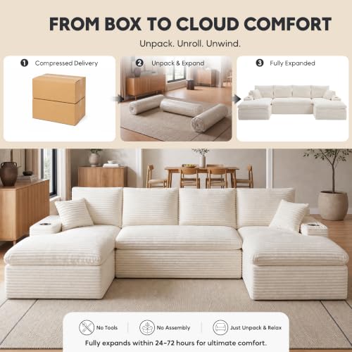 Image of 120 inch Modular Sectional Sofa, U-Shape Boneless Couch, Beige