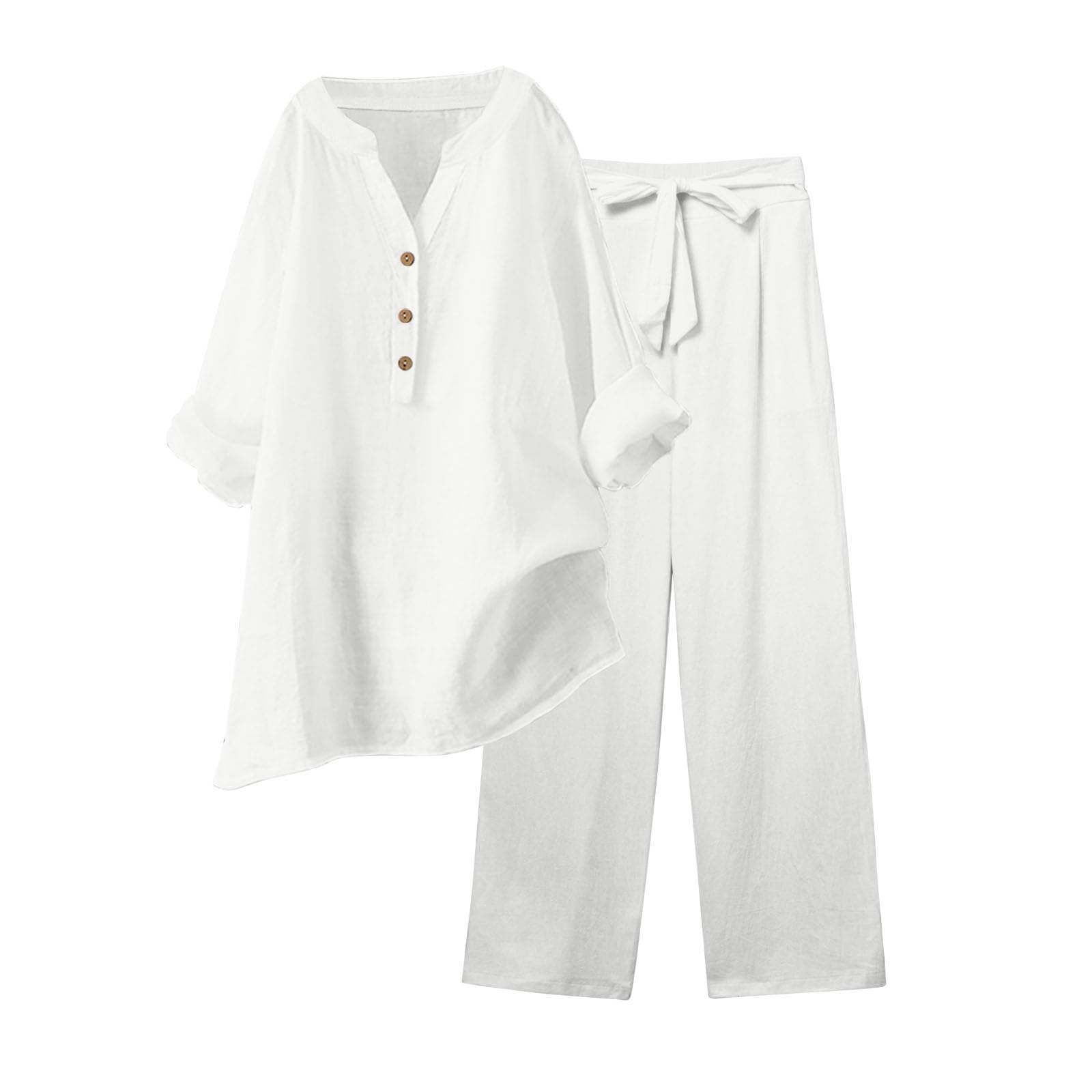 Gefomuofe Traje de pantalón para mujer, elegante, 2 piezas, ropa de verano, conjunto de 2 piezas, blusa, camiseta y pantalones largos, traje de ocio, informal, monocolor, traje de lino