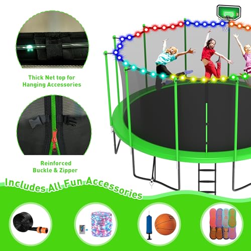 DeepRoar Tranpoline for Kids and Adults, 1500LBS 16FT 15FT 14FT 12FT 10FT 8FT Tranpoline with Basketball Hoop, Safety Enclosure Net, Heavy Duty Tranpoline with Light, Sprinkler, Socks, ASTM Approved