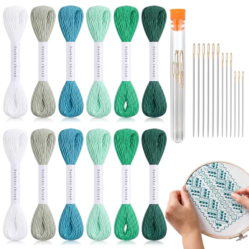 Image of Zeyune 12 Skeins Green Sashiko Thread 100% Cotton and 12 Pcs Needles Thread 20m(21.8yds) Sashiko Kit for Hand Quilting and Embroidery Projects Pick Stitching Denim