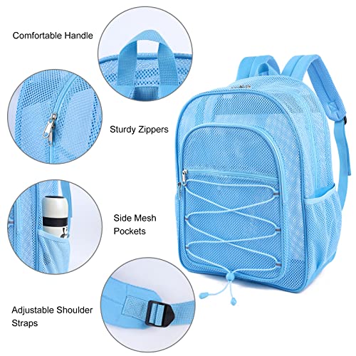 Image of COVAX Heavy Duty Mesh Backpack, Semi-transparent Mesh Bookbag, See Through College Backpack with Bungee and Comfort Padded Straps for Commuting, Swimming, Beach, Outdoor Sports (Blue)