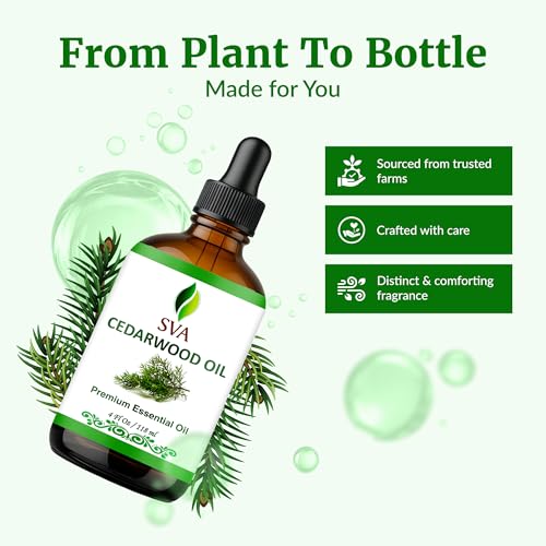 Image of SVA Cedarwood Essential Oil, Glass Bottle with Dropper, 4 Fl Oz (118 ml) | Cedarwood Oil for Hair Care, Scalp Care, Body Massage, Diffuser, Home Fragrance, Soap Making, Room Spray & DIY Projects