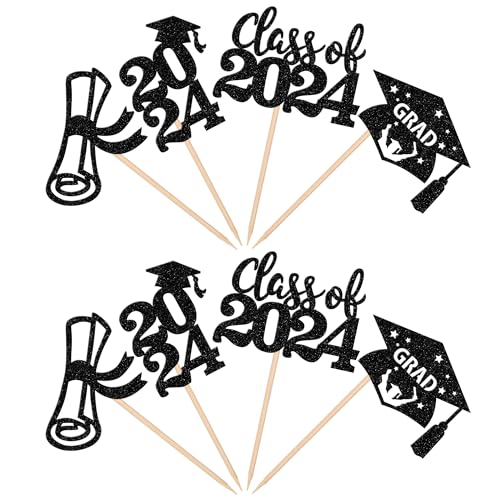 Zhuoweism ZW405-BLACK 24 Pcs 2024 Graduation Cupcake Toppers Glitter Class Of 2024 Diploma Grad Cap Cupcake Picks 2024 Graduation Theme Party Cake Decorations Supplies Black thumb #2