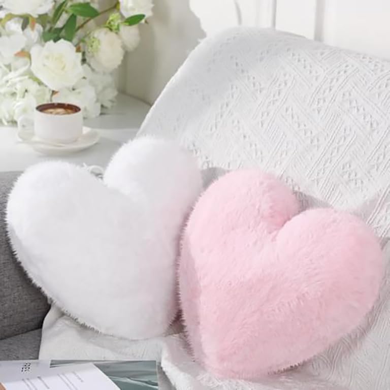 Heart Shaped Plush Throw Pillows, Soft Furry Decorative Cushions, Set of 2 (White & Baby Pink)-image-49