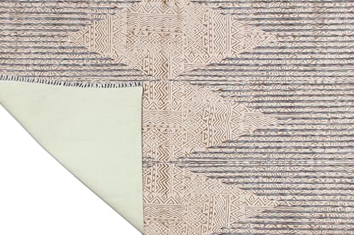 Tapis carré à rayures en coton beige et bleu lavable pour grand salon et couloir