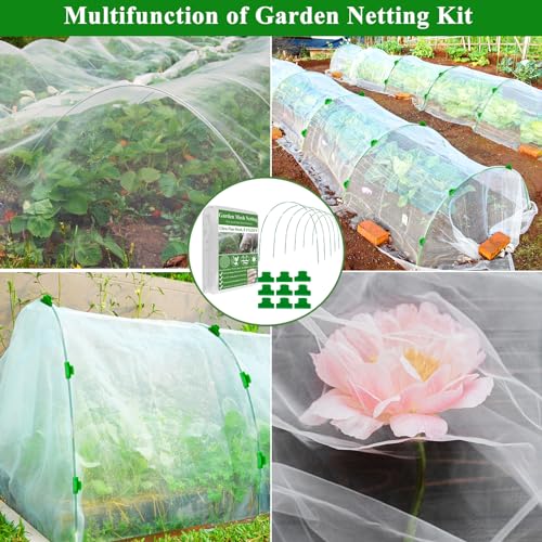 Garden Mesh Netting Kit, 8x24FT Ultra Fine Netting with Greenhouse Hoops 6 Sets Fiberglass Garden Hoops for Raised Beds Vegetable Plants Fruits Flowers Row Cover Birds Animals Barrier Protection Net