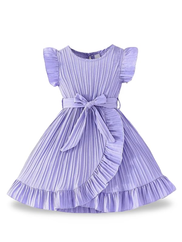 Image of Niren Enterprise Girls' Frill Pleated Design, Ruffle Sleeves, Bow Waist, Elegant Summer & Birthday Party Dress