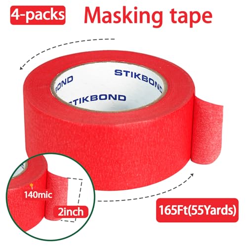 Image of 4-Packs Red Painters Tape 2inch x 55 Yards (220 Total Yards), Medium Adhesive Red Masking Tape for Wall Painting, Furniture Painting, DIY Handmade Decoration