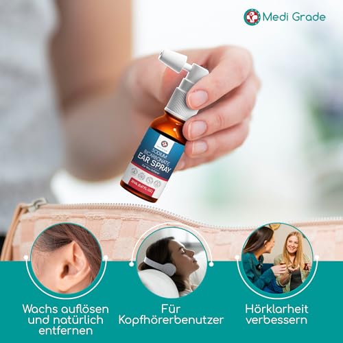 Medi Grade Ohrenschmalz Entferner Spray – Natürlicher Natriumbikarbonat Ohrenreiniger Spray für Blockierte Ohren, Ohrenschmalzentfernung – 20ml Flasche mit über 50 Ohren Spray für Einfache Anwendung