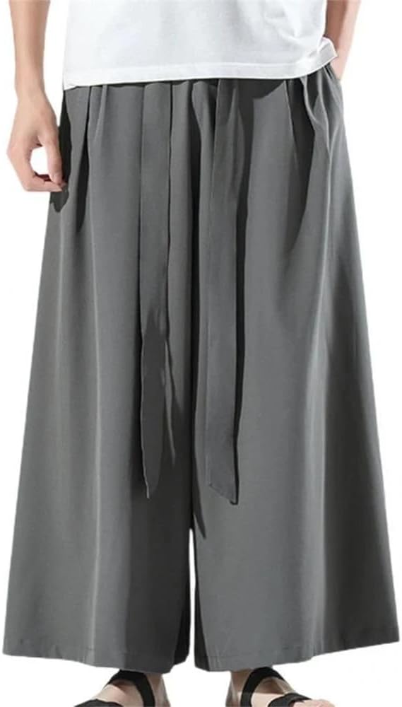 Mens Black Ice Silk Hakama Kung Fu Pants A Wide Bottom Wushu Kimono Chinese Cotton Wide Pants