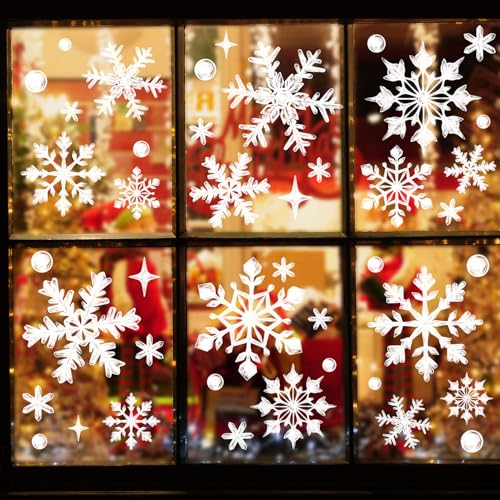 Image of 137pcs Christmas Snowflake Window Clings Decals, Realistic Extra Large White Crystal Snowflakes Stickers Decorations for Holiday Celebration Merry Christmas Party Winter Frozen Ornaments