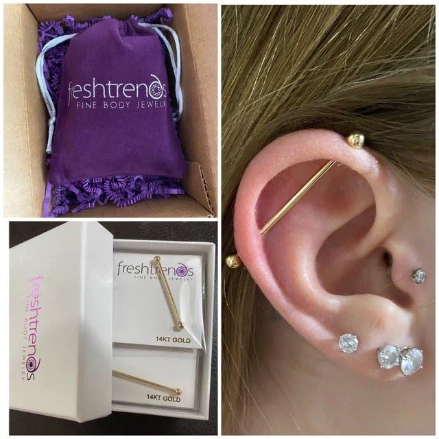 FreshTrends 14k Yellow Gold Industrial Barbell 18G 1 1/4"3