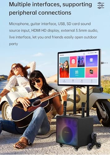 Sistema amplificador de karaoke con pantalla táctil HD, solicitud de canción de voz AI y efecto marquesina, incluye 2 micrófonos inalámbricos y espejo de pantalla móvil