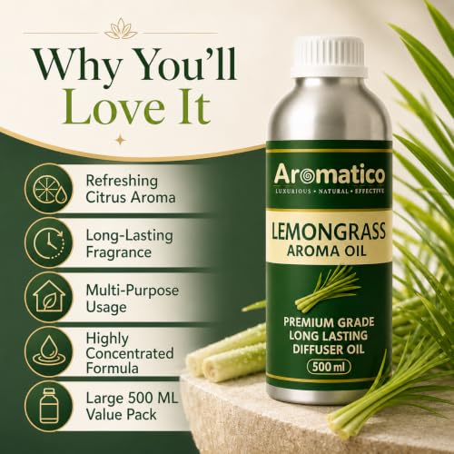 Image of AROMATICO Lemongrass Diffuser Oil for Strong, Long-Lasting Aroma | Light, Citrusy, Stress Relieving Aroma Oil for Home Fragrance & Aromatherapy | For Diffusers & Air Fresheners - 500ML