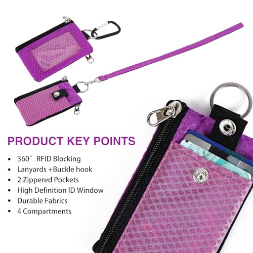 Image of MASAPHlL Small Lanyard Wallet for Women /Men with RFID Blocking ID Card Wallet, Minimalist Nylon Zipper Pouch, Travel Neck Wallet with Keychain, ID Window for Card,Coin,Cash (Pink-Purple+Fuchsia)