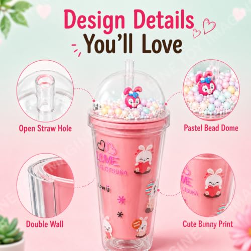 Image of Toy Imagine Bunny Glitter Tumbler for Kids, 550ml Double Wall Acrylic Sipper Cup with Straw & Dome Lid, BPA-Free Reusable Tumbler with Floating Beads for School, Travel & Gifts