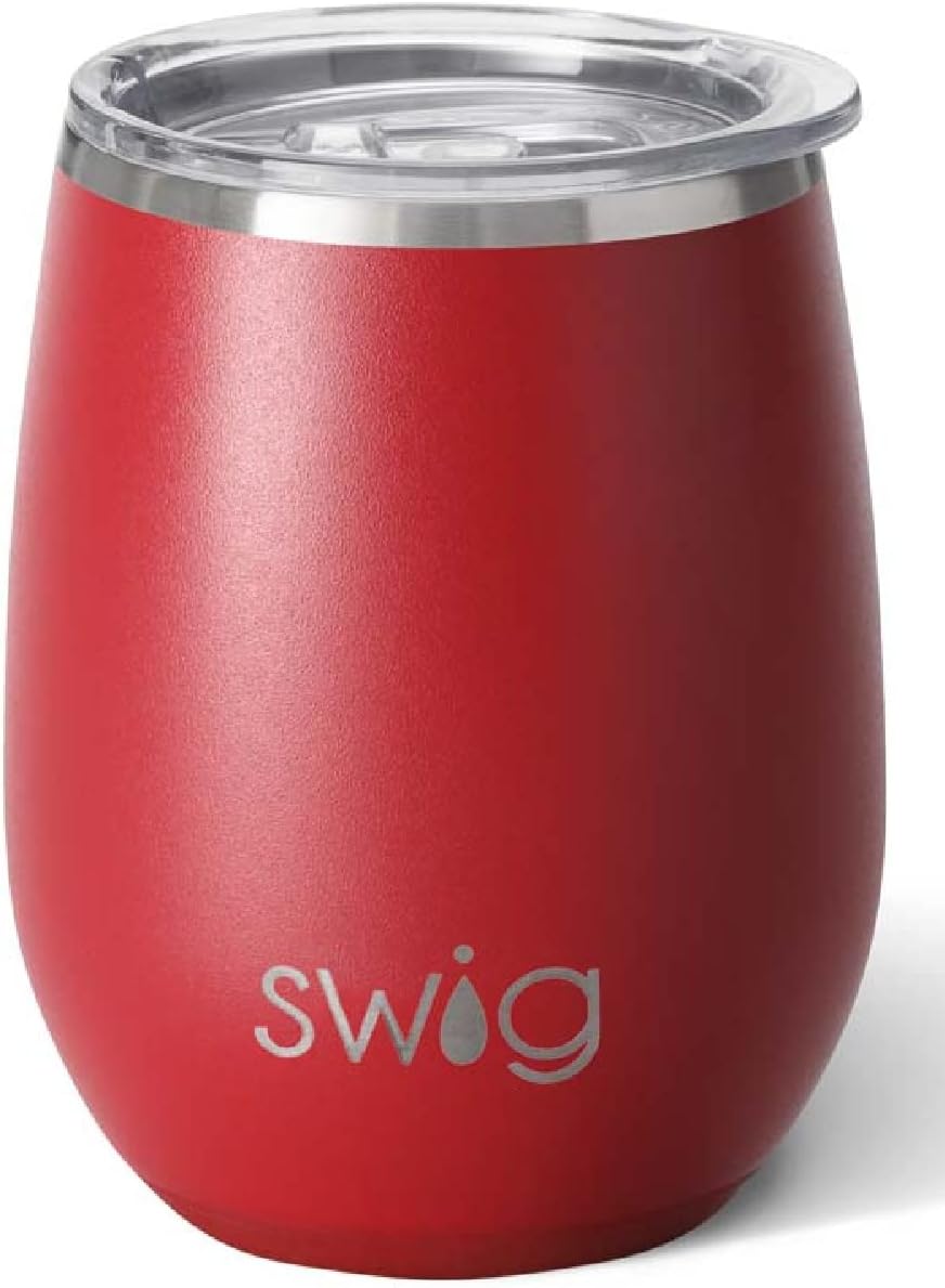 Swig 14oz Insulated Wine Tumbler with Lid, Dishwasher Safe, Stainless Steel Wine Cups (Crimson)