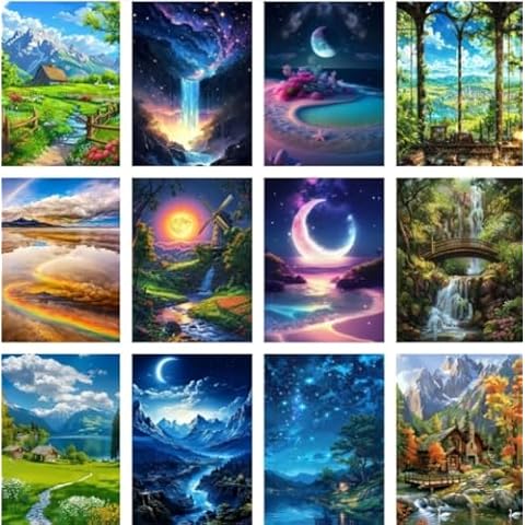 12 Pack Landscape Filed Moon Diamond Painting Set for Home Wall Decor, Starry Sky Diamond Painting Kits for Adults,Natural Scenery 5D DIY Craft Kit with Diamonds Cover