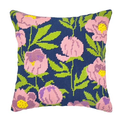 Howie's Needlepoint Needlepoint Kits for Adults, Pillow Front Cross Stitch Kit with Embroidery Pattern on Canvas, Yarn, 2 Needles and Instruction, 16 x 16inch(Pink Tulips-Dark)