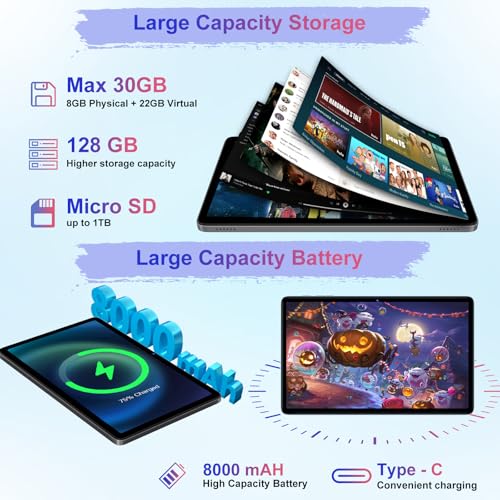 Image of Android 15 Tablet 30GB+128GB+1TB Expand, 2026 10.1 Inch Octa-Core 8000mAh Electronics Tablets with Keyboard Mouse, Gemini AI, 5G WiFi, 1280x800 IPS Touchscreen, GPS, BT5.0, Widevine L1 -Metal Black