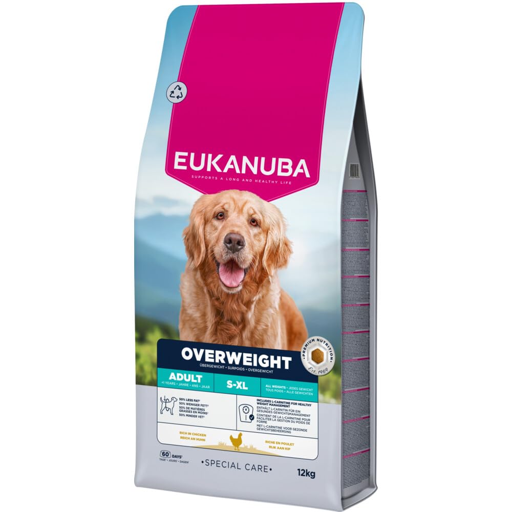 Eukanuba Overweight karma dietetyczna dla psów z kurczakiem – niskotłuszczowa, sucha karma do odchudzania dla psów ze skłonnością do nadwagi, 12 kg