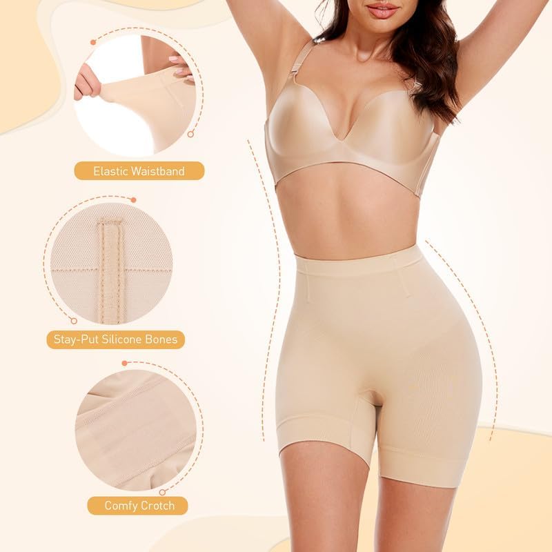 Tummy Control for Women,Mid Waist Body Shaper Shorts Butt Lifting Thigh Slimmer Beige S