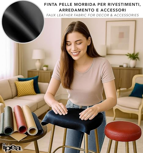 IPEA Kunstleder Schwarz für Dekor und Beschichtung 140 x 50 cm - Made in Italy - Kunstleder für Sofas, Stühle, Kleidung, Accessoires - Polsterstoff Bezugsstoff Lederoptik - Halben Meter