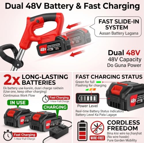Image of 𝗞𝗢𝗦𝗠𝗘𝗥 48V Cordless Grass Trimmer with Wheels, Electric Brush Cutter, Adjustable 90 Head, 2 Rechargeable Batteries, Telescopic Handle, Multi-Blade Lawn Edger & Weed Cutter for Garden