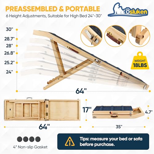 Dog Ramp for Bed, L64 W17 Foldable Pet Ramp for Small Large Dogs Cats, Dog Ramps for High Beds Car, High Traction with Platform 6 Adjustable Heights 24" to 30" Up to 220LBS, Wood - Image 6