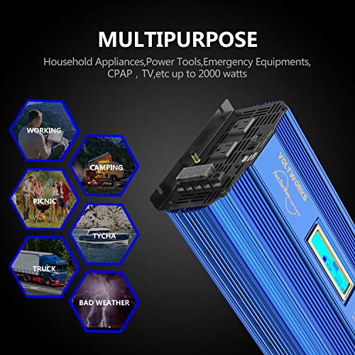 Pure Sine Wave Power Inverter 2000Watt car Converter DC 12V to 120V AC with 2 AC Outlets 2x2.4A USB Ports Remote Control and LCD Display by VOLTWORKS (12VBlue)