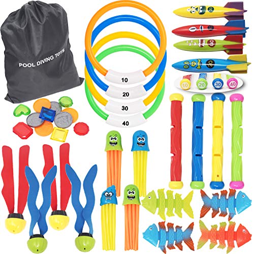 36 PCs Diving Pool Toys Deluxe Set w/ 4 Diving Sticks; 4 Diving Rings; 4 Toypedo Bandits; 12 Pirate Coins & Treasures; 4 Stringy Octopus; 4 Fish Toys; 4 Toy Balls for Kids Swimming Training Game