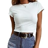 Artfish Women's Short Sleeve Knit Ribbed Crop Top Teen Girls Basic Tee Shirts White, L