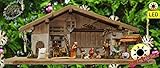 Großes Komplettset MIT BELEUCHTUNG (s.u.): MIT 12-teiligen PREMIUM-Figurenset farbig gebeizt in HOLZOPTIK: Maria, Josef, Jesuskind in der Krippe, großer Engel, 3 Weise / Könige aus dem Morgenland, Hirte, Ochs und Esel, Schafe