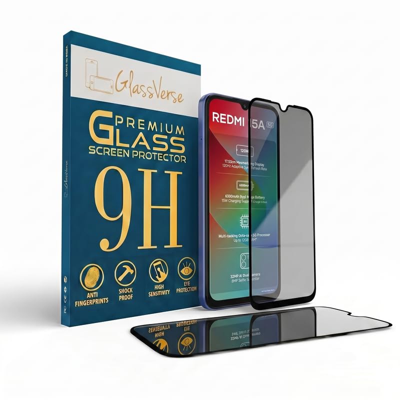 Image of GlassVerse Ultra Privacy Tempered Glass For Redmi 15A 5G (Pack Of 2) with Free Installation Kit. Edge To Edge. (In-Screen FingerPrint Lock will not work with the Privacy Guard) - 6.9 inch