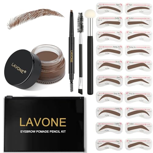 LAVONE Juego de plantillas de sello para cejas, juego de tres sellos para cejas con lápiz de cejas impermeable, ungüento, 20 plantillas para cejas, cepillo de cejas de doble cara y