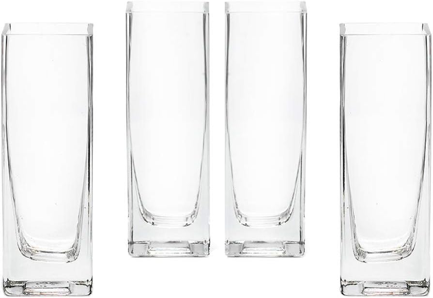 Serene Spaces Living Set of 4 Soft Square Vase – Classic, Clear Glass Vase, Use for Home Décor, Event Centerpieces and More, 2” L x 2” W x 6” H