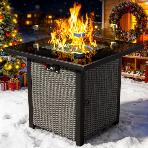 Propane Fire Pit Table, Outdoor Fire Pit Table, 28" Rattan