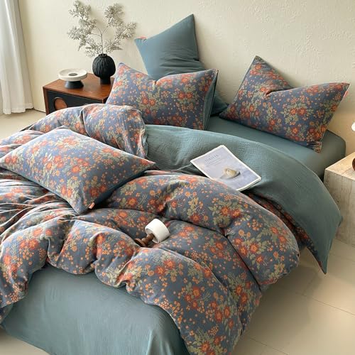 Image of VM VOUGEMARKET Rustic Double Layer Gauze Jacquard Duvet Cover Queen, Dusty Slate Blue with Retro Orange Floral Print, Soft Breathable Boho Comforter Cover with Zipper&Ties