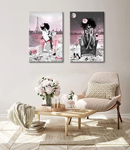 2 Pieces African American Black Girl Wall Art Decor Fashion Modern Pink And Black Beach Paris Eiffel Tower Drawing Painting Picture Poster Prints Art Bedroom Bathroom Living Room Girls Room Unframed #TOP5