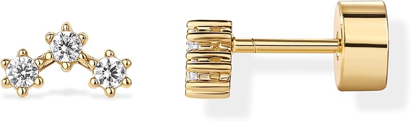 14K Gold Plated Dainty Flat Back Earrings for Women, Piercing Studs | Hypoallergenic Earrings with 925 Sterling Silver Posts, Helix Cartilage Screw Back Piercings with Cubic Zirconia