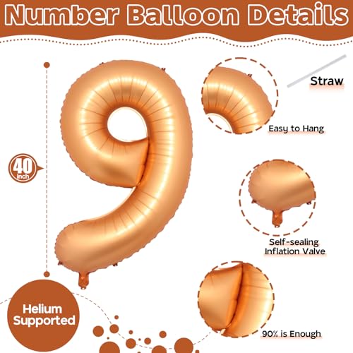Image of 40 Inch Number 9 Balloons for Boys, Orange Big 9th Birthday Number Balloons Decor, Helium Self Inflating Foil 9 Balloons for Girls Birthday Anniversary Celebration Wedding Party Decorations Supplies