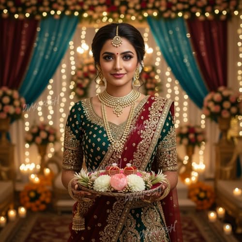 Image of Divyakosh Handcrafted Engagement Ring Platter Tray Holder with Artificial Flowers - 1 Pc | Round Engagement Thali for Wedding, Shaadi, Roka, Sagai, Bride & Groom | Ring Holder Tray (Red, 26 cm)