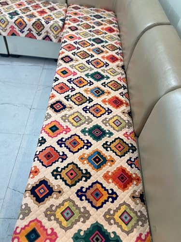 Image of JAPA Teal Ikat Medallion Quilted Velvet L-Shape Seat-Only Sofa Cover for 3+2 Seater - Non-Slip Washable Daily Use Sofa Protector, Luxury Sofa Mat for Living Room