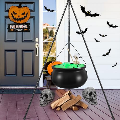 Halloween Decorations Outdoor,Witches Cauldron for Yard Decorations,Halloween Decorations Indoor,Large Witches Cauldron on Tripod with String Lights, Skeleton and Eyeballs Patio Garden Lawn
